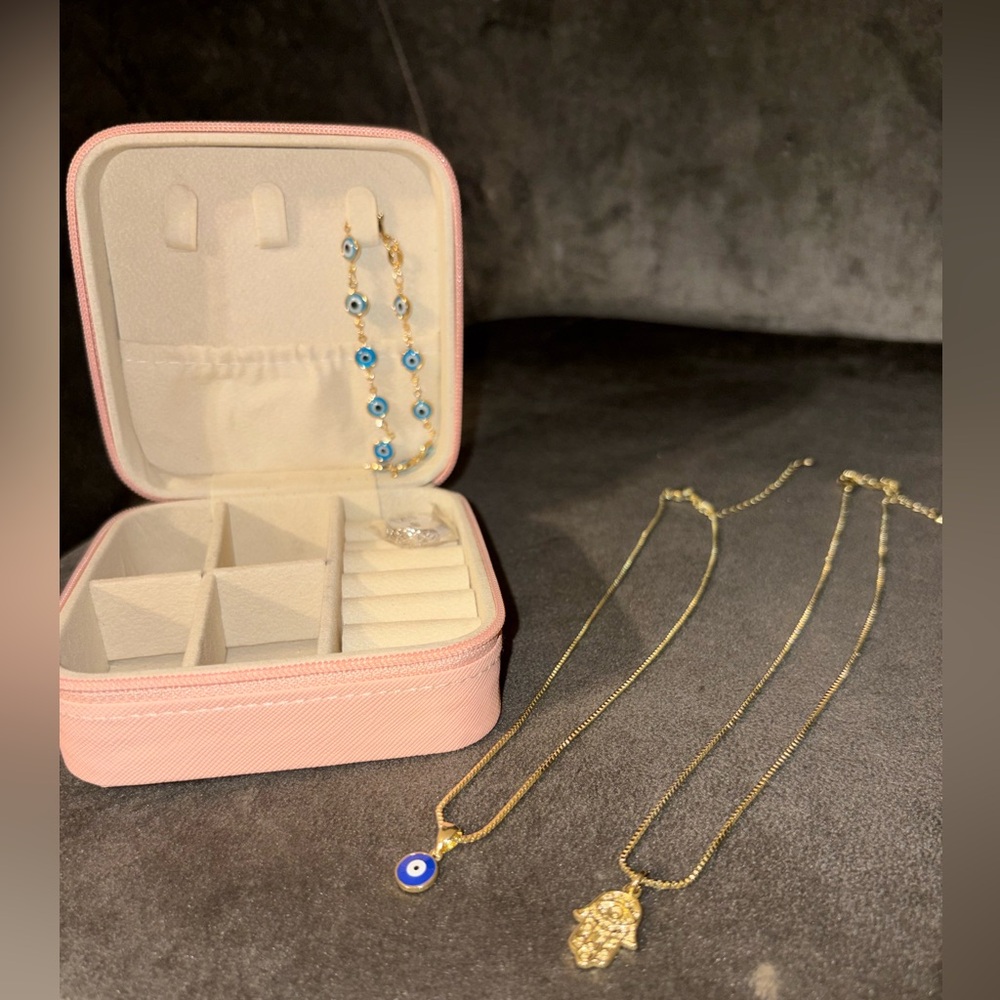 Gold Hamsa and Blue Evil Eye Pendant jewelry Set and pink box - Women Jewelry